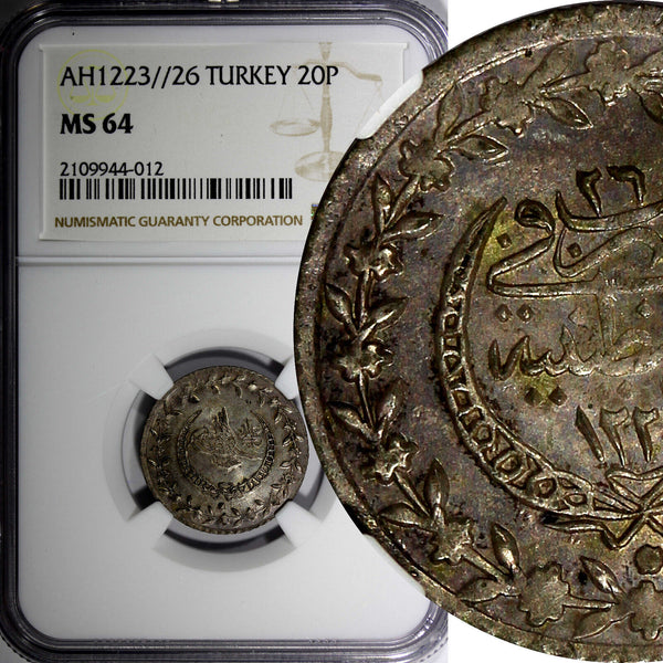 Turkey Mahmud II Silver AH1223 26 (1833) 20 Para NGC MS64 TOP GRADED KM# 596(12)