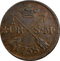 SWEDEN COPPER Adolf Frederick 1758 2 Ore,S.M Low Mintage: 91,000 SCARCE KM#461