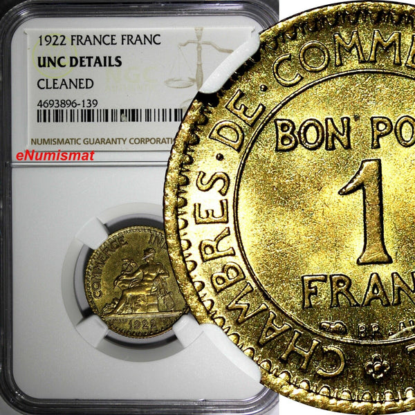 FRANCE Aluminum-Bronze 1922 1 Franc NGC UNC DET. Chamber of Commerce KM# 876 (9)