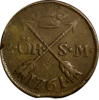 SWEDEN Adolf Frederick Copper 1761 S.M. 2 Ore Mintage-422,000 KM# 461 (15125)