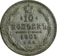 RUSSIA Nicholas II Silver 1901 SPB AP 10 Kopeks Y# 20a.2 (18 006)