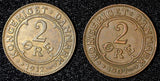 Denmark Frederik VIII Bronze LOT OF 2 COINS 1907 , 1912  2 Ore  XF KM# 805 (282)
