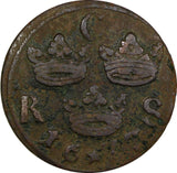 SWEDEN Carl XI (1660-1697) Copper 1677 1/6 Ore S.M. KM# 254 (20 994)