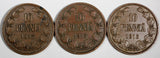 Finland Nicholas II Copper LOT OF 3 COINS 1915 10 Penniä Mint-420,000 KM# 14(2)