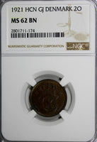 DENMARK Christian X Bronze 1921 HCN CJ 2 Ore NGC MS62 BN KM# 813.2