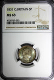 GREAT BRITAIN William IV Silver 1831 6 Pence NGC MS63 1st Year KM# 712 (033)