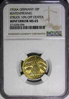 Germany-Weimar  1924-A 10 Rentenpfennig NGC MINT ERROR MS65 SCARCE KM#33 (096)