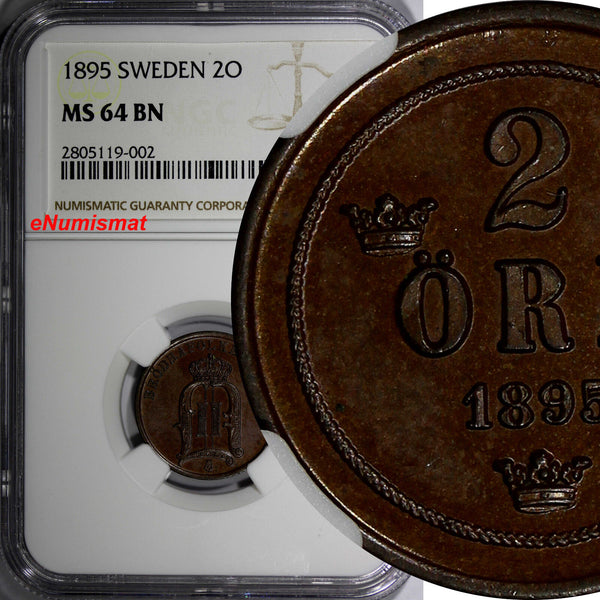 SWEDEN Oscar II Bronze 1895 2 Ore NGC MS64 BN Mintage-781,000  KM# 746 (002)