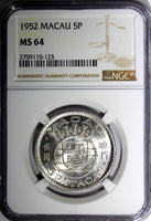 Macau Silver 1952 5 Patacas NGC MS64 1 YEAR TYPE Mintage- 900,000 KM# 5 (125)