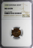 ESTONIA Bronze 1939 1 Sent NGC MS64 BN 1 YEAR TYPE Thick Planchet KM# 19.1 (20)