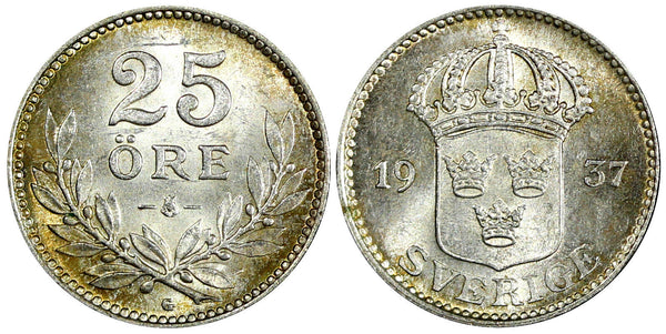 Sweden Gustaf V Silver 1937 G 25 Öre Small "G" Nice Toned KM# 785 (22 149)