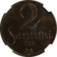 Latvia Bronze 1926 2 Santimi NGC MS63 BN KM# 2