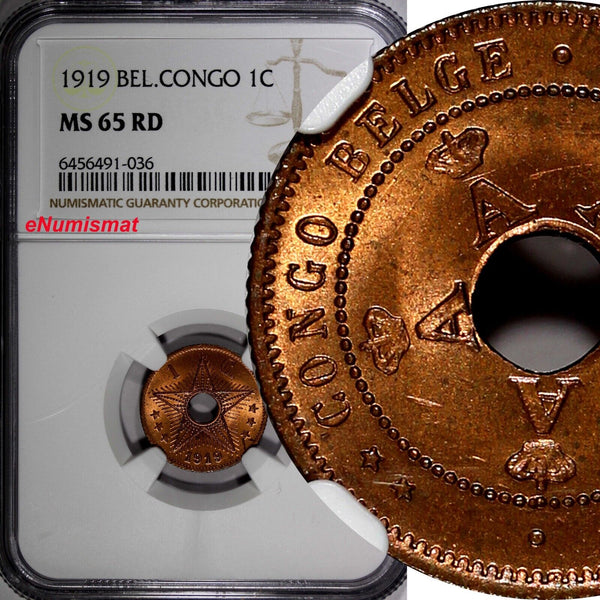 Belgian Congo Copper 1919 1 Centime NGC MS65 RD TOP GRADED BY NGC KM# 15 (036)