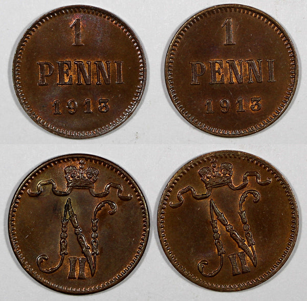 FINLAND Nicholas II LOT OF 2 COINS Copper 1913 1 Penni  UNC KM#13 (20 880)