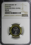 Dominican Republic Sánchez 2010 5 Pesos Magnetic NGC MS66 Poland Mint KM# 89(1)