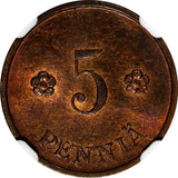 Finland Copper 1937 5 Penniä NGC MS63 RB TOP  GRADED BY NGC KM# 22 (049)