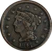 US Copper 1845 Braided Hair Large Cent 1C  (13 694)