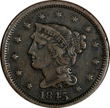 US Copper 1845 Braided Hair Large Cent 1C  (13 694)