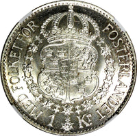SWEDEN Gustaf V Silver 1932 G 1 Krona NGC MS65 1 GRADED HIGHEST KM# 786.2 (037)