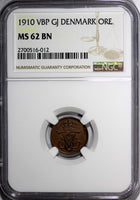 Denmark Frederik VIII Bronze 1910 VBP, GJ 1 Ore NGC MS62 BN KM# 804 (012)