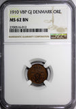 Denmark Frederik VIII Bronze 1910 VBP, GJ 1 Ore NGC MS62 BN KM# 804 (012)