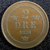 Sweden Oscar II Copper 1878 2 Ore SCARCE DATE  KM# 735   (23 136)