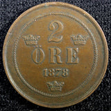 Sweden Oscar II Copper 1878 2 Ore SCARCE DATE  KM# 735   (23 136)