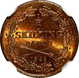 SWEDEN Oscar I Copper 1849 1/6 Skilling Mintage-536,544 NGC MS64 RB KM# 656