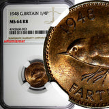 Great Britain George VI Bronze 1948 Farthing NGC MS64 RB LAST YEAR  KM# 843 (53)