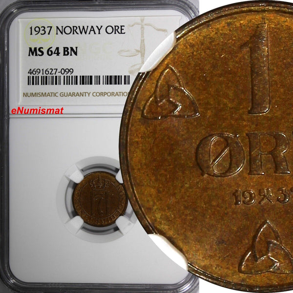 Norway Haakon VII Bronze 1937 1 Ore NGC MS64 BN TOP GRADED BY NGC KM# 367 (099)