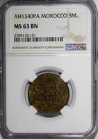 Morocco Yusuf Bronze AH1340 (1921)  PA 5 Mazunas NGC MS63 BN PARIS MINT Y# 28.1