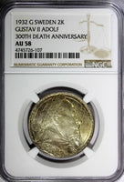 SWEDEN Silver 1932 G 2 Kronor NGC AU58 1 YEAR Death of Gustaf II Adolf KM#805(7)