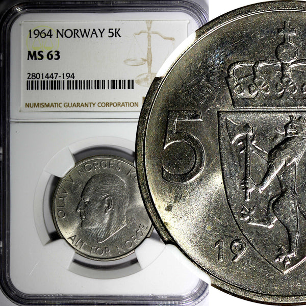 Norway  Olav V Copper-Nickel 1964  5 Kroner NGC MS63 29,5 mm KM# 412 (194)