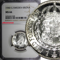 SWEDEN Gustaf V Silver 1940 G 1 Krona NGC MS66 1 GRADED HIGHEST BU KM# 786.2 (8)