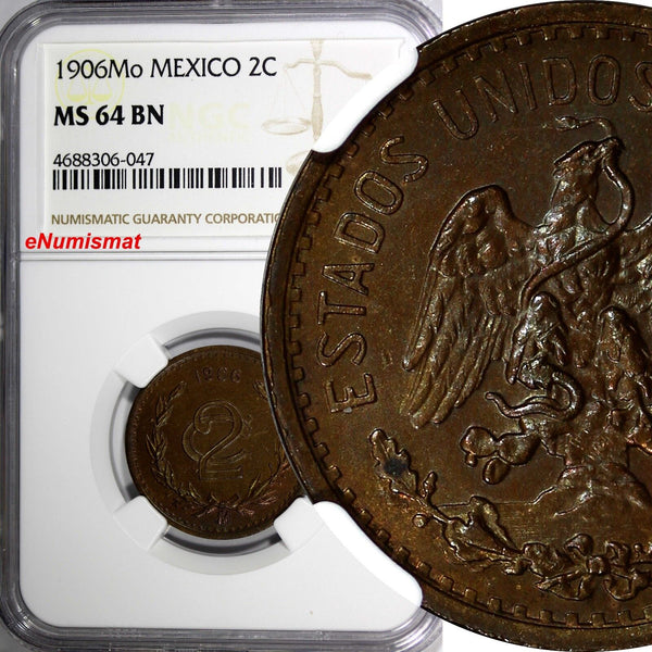 Mexico ESTADOS UNIDOS MEXICANOS 1906 Mo 2 Centavos NGC MS64 BN TONED KM#419 (47)