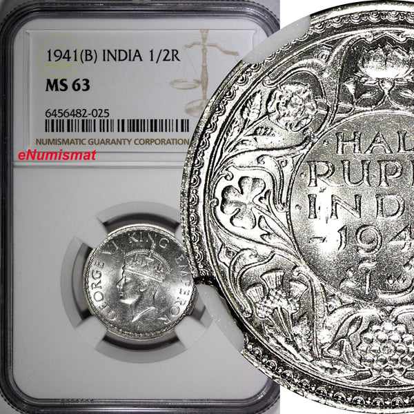 India-British George VI Silver 1941 (B) 1/2 Rupee Bombay NGC MS63 KM# 551 (025)