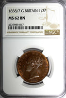 Great Britain Victoria Copper 1858/7 1/2 Penny OVERDATE NGC MS62 BN KM# 726 (7)