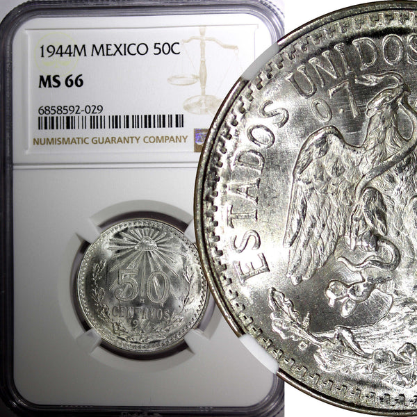 Mexico ESTADOS UNIDOS Silver 1944 M 50 Centavos NGC MS66 GEM BU KM# 447 (029)