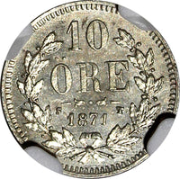 Sweden Carl XV Adolf Silver 1871 S.T. 10 Ore NGC MS64 Nice Toned KM# 710 (255)