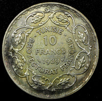 TUNISIA  Silver 1358 (1939) 10 Francs Mintage-500,000 Toned KM# 265 (22 955)