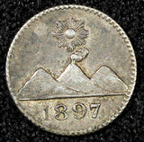 GUATEMALA Silver 1897 1/4 Real  Sun above 3 Volcanoes Toned KM# 162 (22 792)