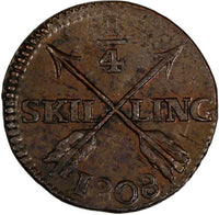 SWEDEN Copper King Gustav IV Adolf 1808 1/4 Skilling  AU KM# 564 (19 545)