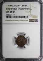 Germany BRUNSWICK-WOLFENBÜTTEL Karl Copper 1758 Denier NGC MS63 BN KM# 948 (173)
