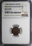 Germany BRUNSWICK-WOLFENBÜTTEL Karl Copper 1758 Denier NGC MS63 BN KM# 948 (173)