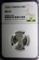 SWEDEN Gustaf V Silver 1928 G 50 Ore NGC MS63 KM# 788 (040)