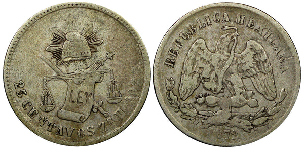 MEXICO Silver 1872 ZS H 25 Centavos Mintage-260,000 Zacatecas Mint KM#406.9 (69)
