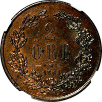 SWEDEN Carl XV Bronze 1861 2 Ore NGC MS64 BN NICE TONED TOP GRADED BY NGC KM#706