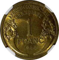 French West Africa Aluminum-Bronze 1944-L 1 Franc NGC MS63 Laureate Head KM# 2