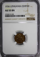 Lithuania Bronze 1936 1 Centas NGC AU55 BN 1 YEAR TYPE KM# 79 (202)
