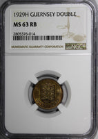 Guernsey Bronze 1929 H Double NGC MS63 RB RED TONING  KM# 11